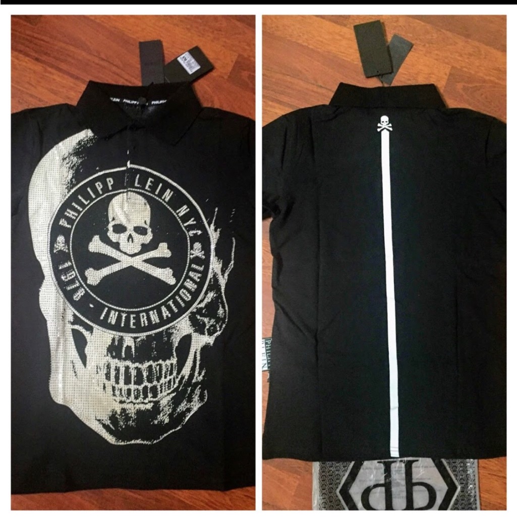 80% + Off Nwt $785 Philipp Plein Crystal Embellished Skull & Bones Polo Black -M